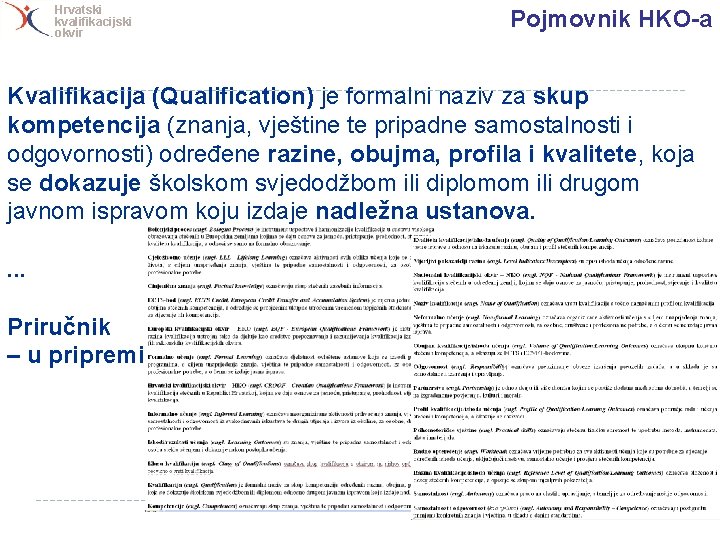 Hrvatski kvalifikacijski okvir Pojmovnik HKO-a Kvalifikacija (Qualification) je formalni naziv za skup kompetencija (znanja,