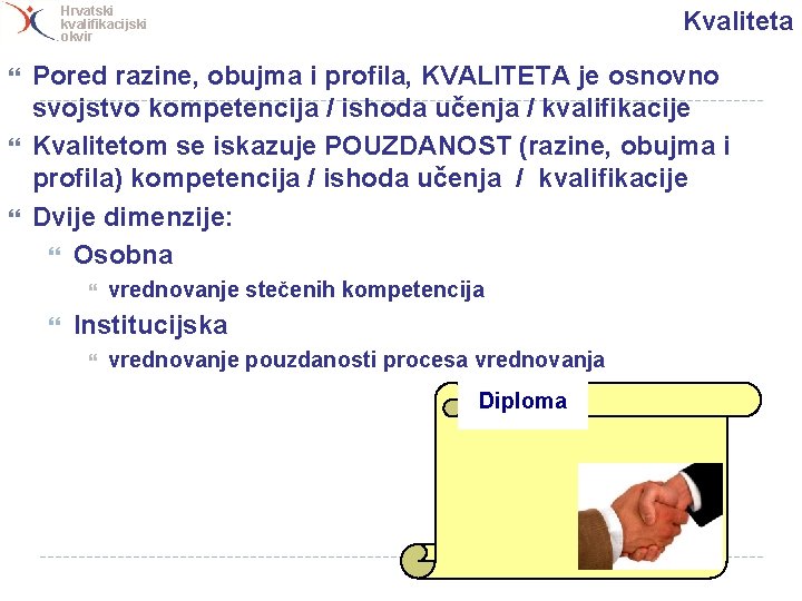 Hrvatski kvalifikacijski okvir Kvaliteta Pored razine, obujma i profila, KVALITETA je osnovno svojstvo kompetencija