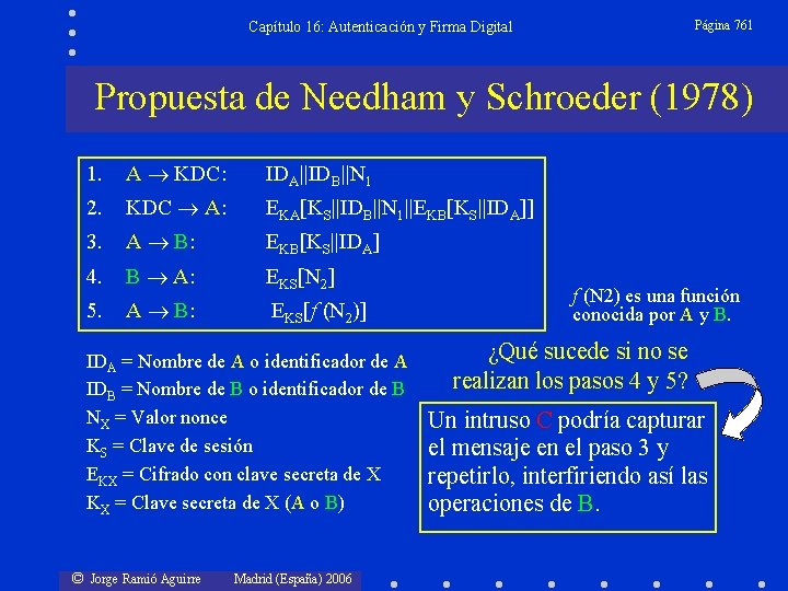 Página 761 Capítulo 16: Autenticación y Firma Digital Propuesta de Needham y Schroeder (1978)