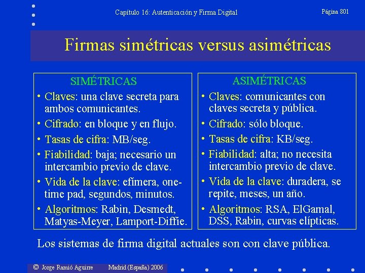 Capítulo 16: Autenticación y Firma Digital Página 801 Firmas simétricas versus asimétricas • •