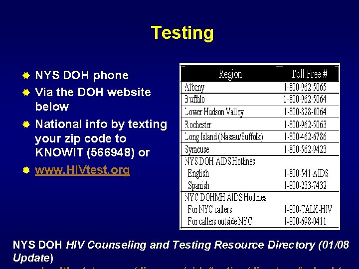 Testing NYS DOH phone ® Via the DOH website below ® National info by