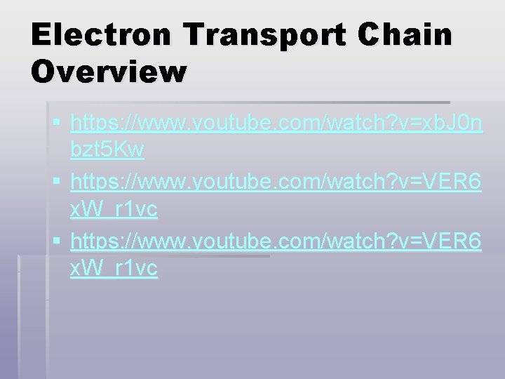 Electron Transport Chain Overview § https: //www. youtube. com/watch? v=xb. J 0 n bzt