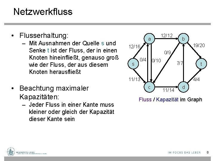 Netzwerkfluss • Flusserhaltung: – Mit Ausnahmen der Quelle s und Senke t ist der