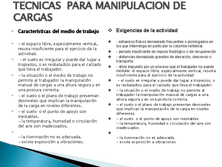 TECNICAS PARA MANIPULACION DE CARGAS Características del medio de trabajo v Exigencias de la