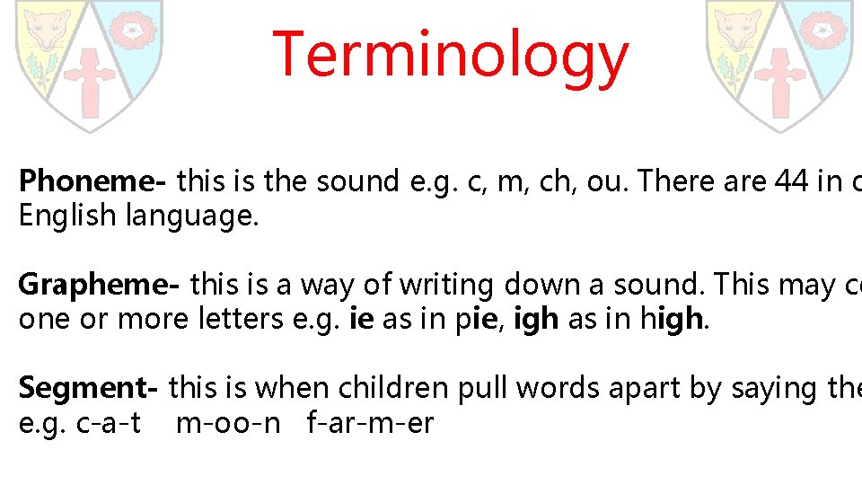 Terminology Phoneme- this is the sound e. g. c, m, ch, ou. There are