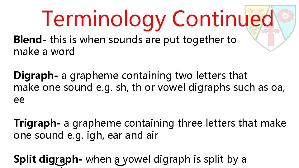 Terminology Continued Blend- this is when sounds are put together to make a word