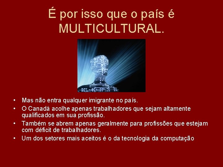 É por isso que o país é MULTICULTURAL. • Mas não entra qualquer imigrante