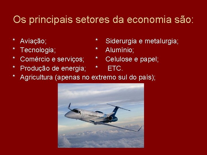 Os principais setores da economia são: * * * Aviação; * Siderurgia e metalurgia;