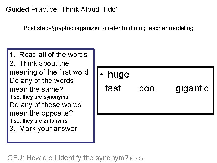 Guided Practice: Think Aloud “I do” Post steps/graphic organizer to refer to during teacher