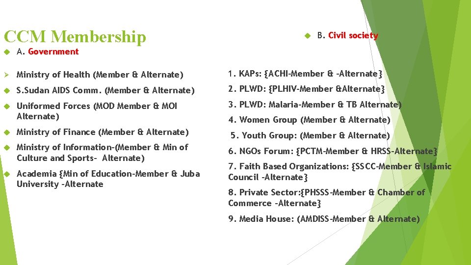 CCM Membership B. Civil society A. Government Ø Ministry of Health (Member & Alternate)