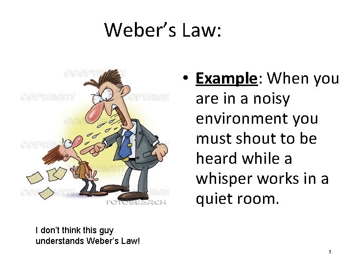 Weber’s Law: • Example: When you are in a noisy environment you must shout Weber’s Law: • Example: When you are in a noisy environment you must shout