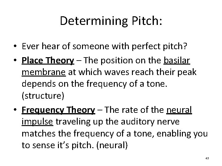 Determining Pitch: • Ever hear of someone with perfect pitch? • Place Theory – Determining Pitch: • Ever hear of someone with perfect pitch? • Place Theory –