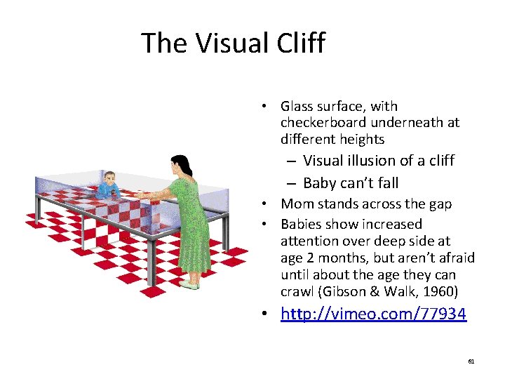 The Visual Cliff • Glass surface, with checkerboard underneath at different heights – Visual The Visual Cliff • Glass surface, with checkerboard underneath at different heights – Visual