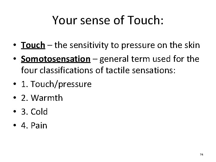 Your sense of Touch: • Touch – the sensitivity to pressure on the skin Your sense of Touch: • Touch – the sensitivity to pressure on the skin