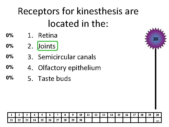 Receptors for kinesthesis are located in the: 1. 2. 3. 4. 5. Retina Joints Receptors for kinesthesis are located in the: 1. 2. 3. 4. 5. Retina Joints