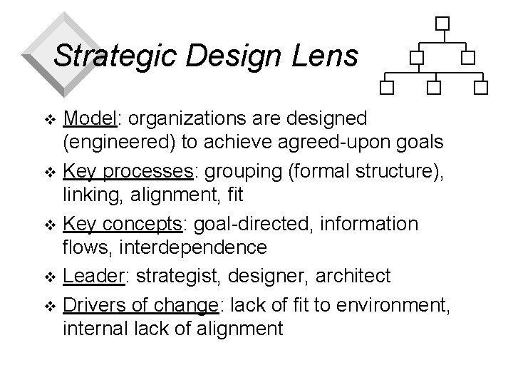 Strategic Design Lens Model: organizations are designed (engineered) to achieve agreed-upon goals v Key