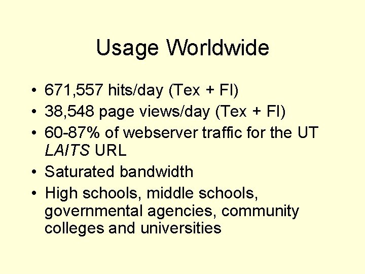 Usage Worldwide • 671, 557 hits/day (Tex + FI) • 38, 548 page views/day