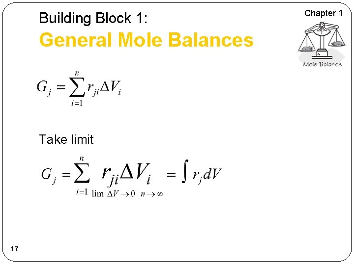 Building Block 1: General Mole Balances Take limit 17 Chapter 1 