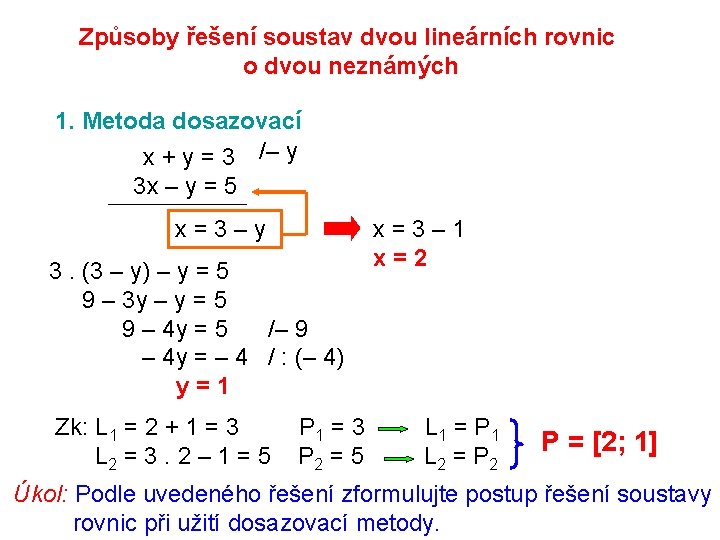 Způsoby řešení soustav dvou lineárních rovnic o dvou neznámých 1. Metoda dosazovací x +