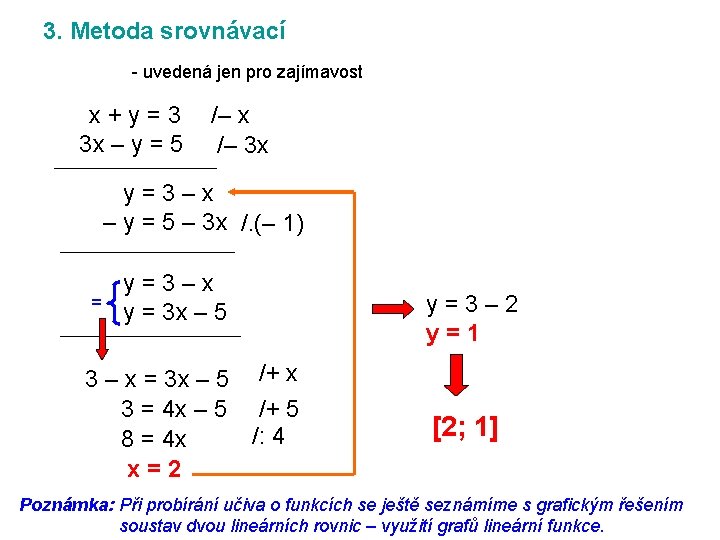 3. Metoda srovnávací - uvedená jen pro zajímavost x+y=3 3 x – y =