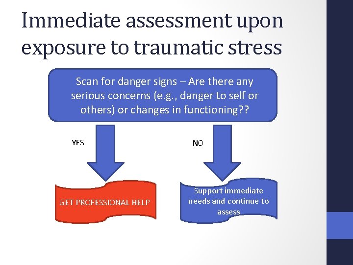 Immediate assessment upon exposure to traumatic stress Scan for danger signs – Are there