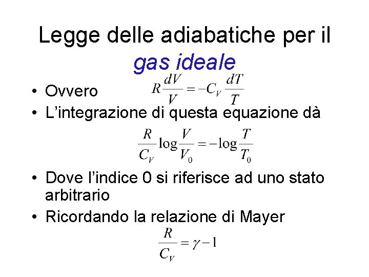 Legge delle adiabatiche per il gas ideale • Ovvero • L’integrazione di questa equazione
