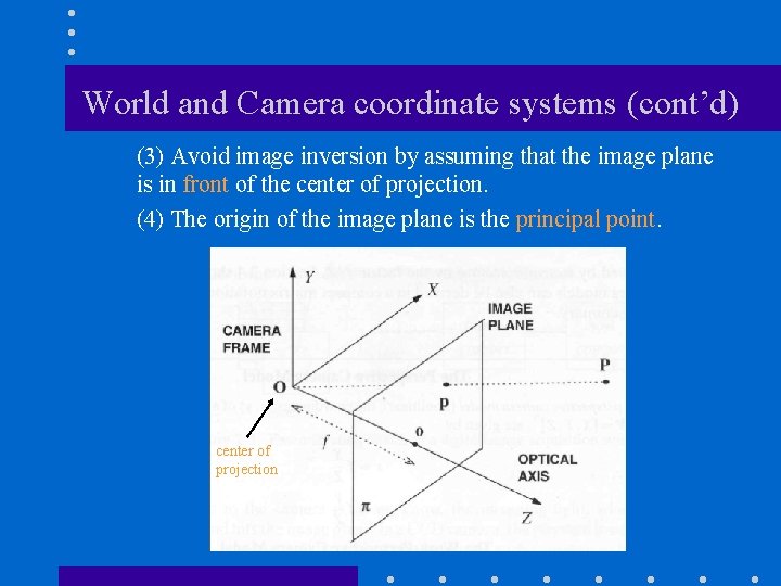 World and Camera coordinate systems (cont’d) (3) Avoid image inversion by assuming that the