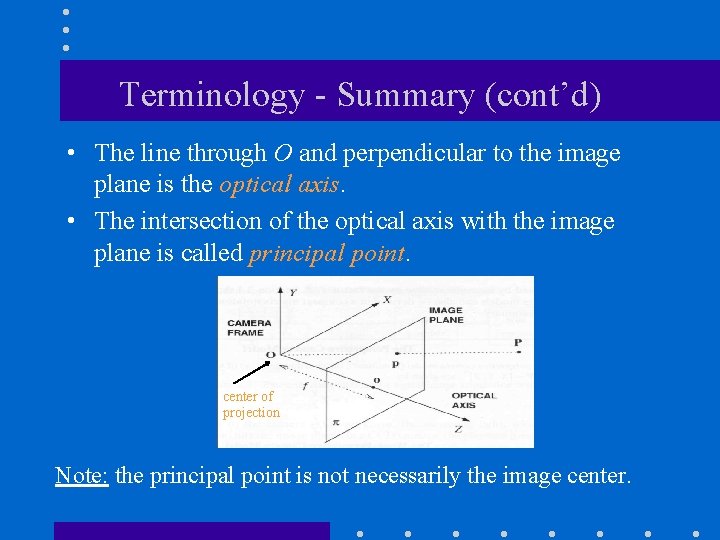 Terminology - Summary (cont’d) • The line through O and perpendicular to the image