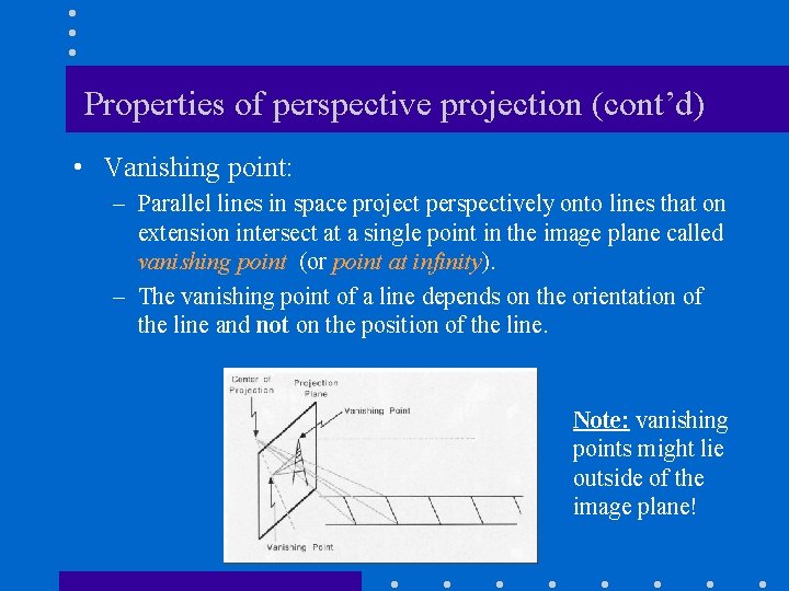 Properties of perspective projection (cont’d) • Vanishing point: – Parallel lines in space project