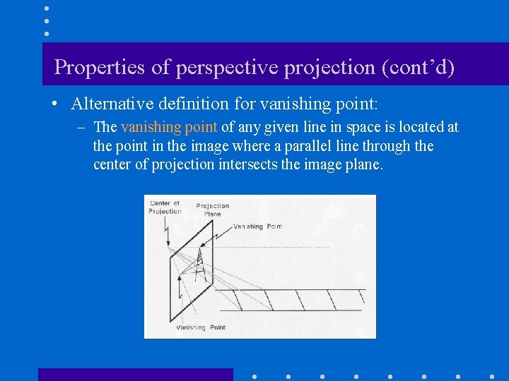 Properties of perspective projection (cont’d) • Alternative definition for vanishing point: – The vanishing