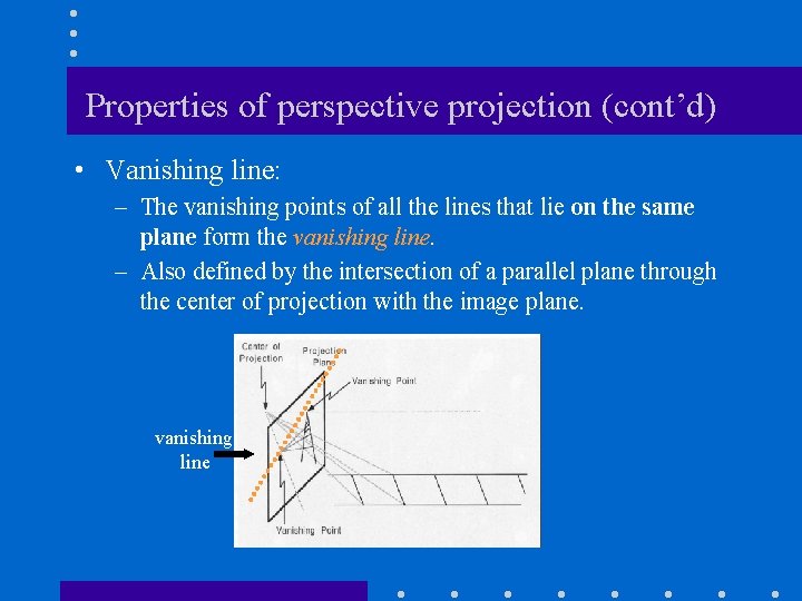 Properties of perspective projection (cont’d) • Vanishing line: – The vanishing points of all