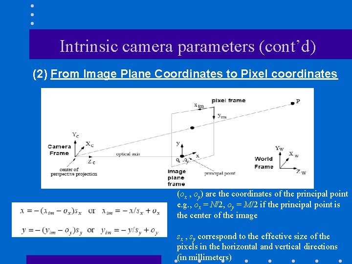 Intrinsic camera parameters (cont’d) (2) From Image Plane Coordinates to Pixel coordinates (ox ,