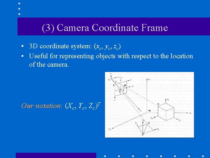 (3) Camera Coordinate Frame • 3 D coordinate system: (xc, yc, zc) • Useful