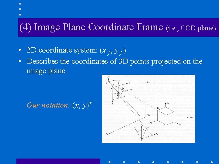 (4) Image Plane Coordinate Frame (i. e. , CCD plane) • 2 D coordinate