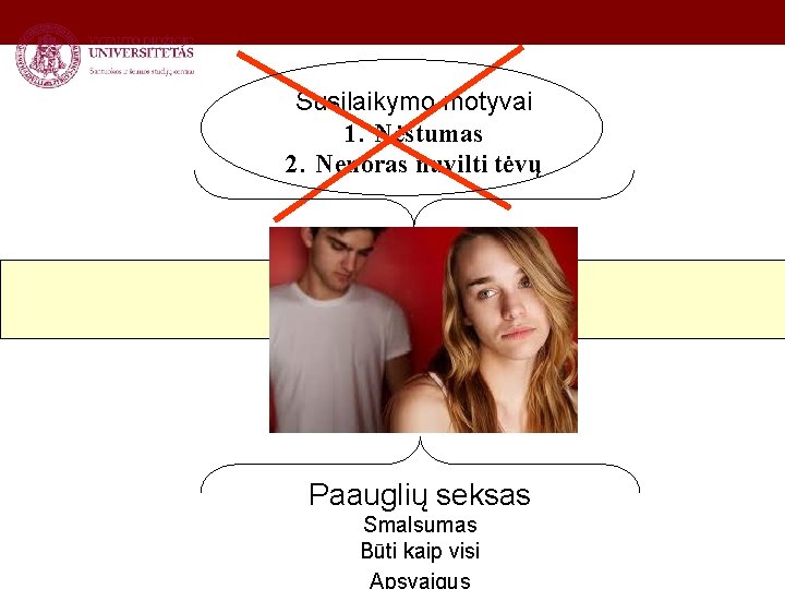 Susilaikymo motyvai 1. Nėštumas 2. Nenoras nuvilti tėvų Paauglių seksas Smalsumas Būti kaip visi