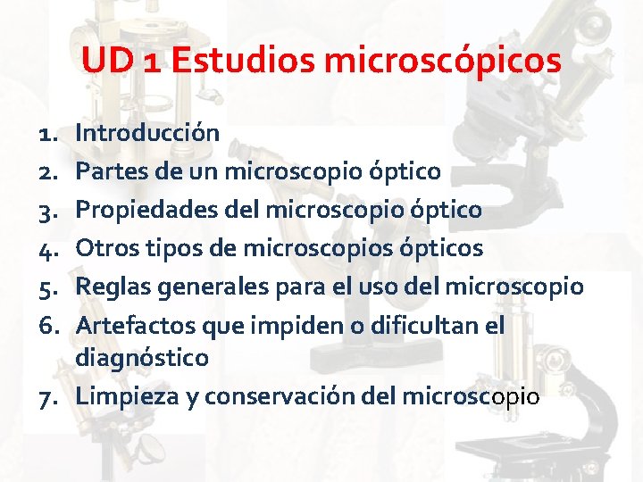 UD 1 Estudios microscópicos 1. 2. 3. 4. 5. 6. Introducción Partes de un UD 1 Estudios microscópicos 1. 2. 3. 4. 5. 6. Introducción Partes de un