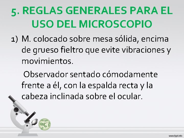 5. REGLAS GENERALES PARA EL USO DEL MICROSCOPIO 1) M. colocado sobre mesa sólida, 5. REGLAS GENERALES PARA EL USO DEL MICROSCOPIO 1) M. colocado sobre mesa sólida,
