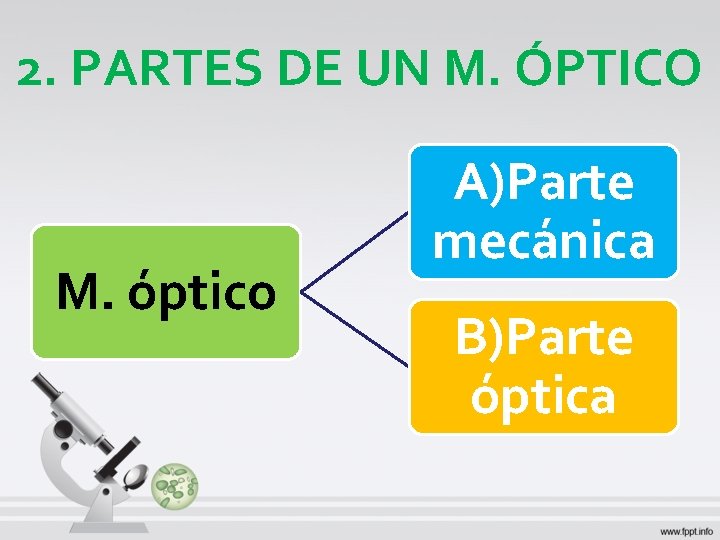 2. PARTES DE UN M. ÓPTICO M. óptico A)Parte mecánica B)Parte óptica 2. PARTES DE UN M. ÓPTICO M. óptico A)Parte mecánica B)Parte óptica