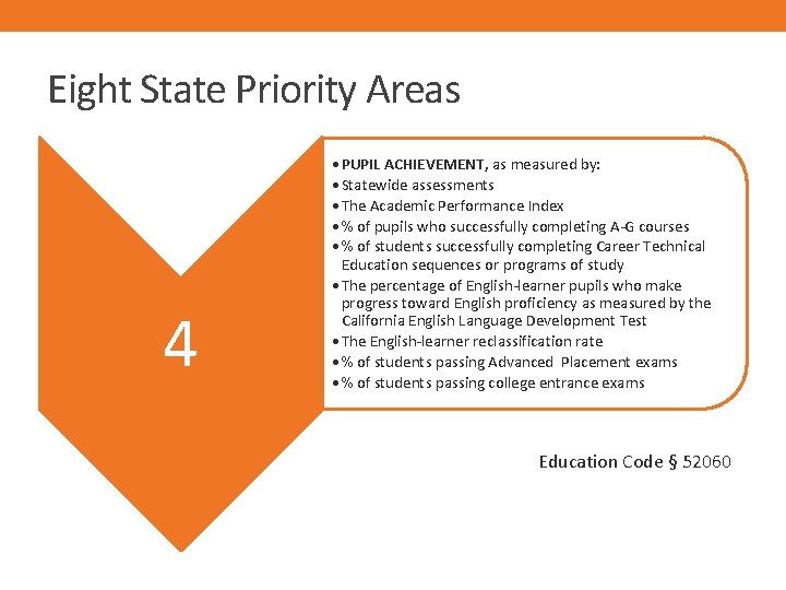 Eight State Priority Areas 4 • PUPIL ACHIEVEMENT, as measured by: • Statewide assessments