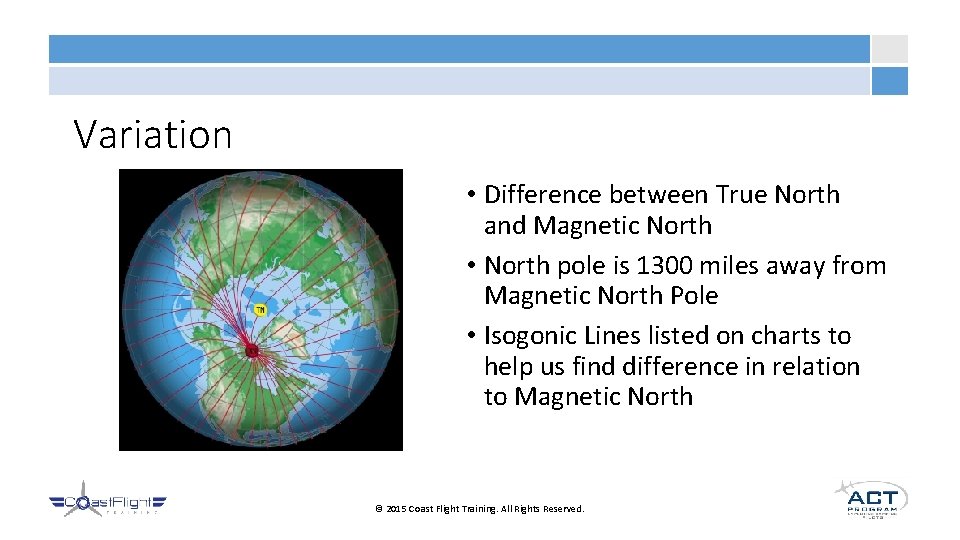 Variation • Difference between True North and Magnetic North • North pole is 1300