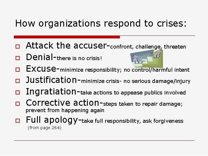 How organizations respond to crises: o Attack the accuser-confront, challenge, threaten Denial-there is no How organizations respond to crises: o Attack the accuser-confront, challenge, threaten Denial-there is no