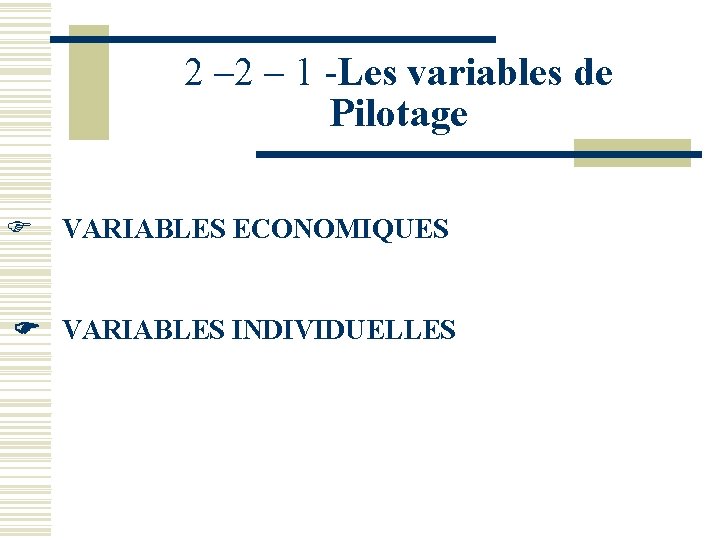 2 – 1 -Les variables de Pilotage VARIABLES ECONOMIQUES VARIABLES INDIVIDUELLES 2 – 1 -Les variables de Pilotage VARIABLES ECONOMIQUES VARIABLES INDIVIDUELLES