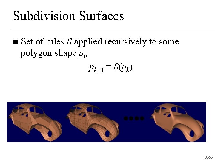 Subdivision Surfaces n Set of rules S applied recursively to some polygon shape p