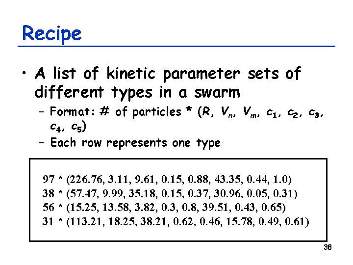 Recipe • A list of kinetic parameter sets of different types in a swarm