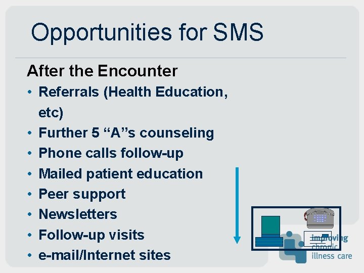 Opportunities for SMS After the Encounter • Referrals (Health Education, etc) • Further 5 Opportunities for SMS After the Encounter • Referrals (Health Education, etc) • Further 5