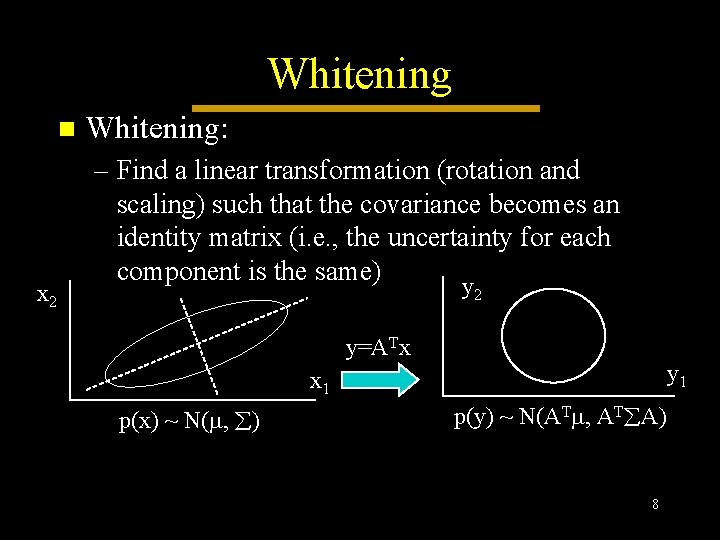 Whitening n x 2 Whitening: – Find a linear transformation (rotation and scaling) such Whitening n x 2 Whitening: – Find a linear transformation (rotation and scaling) such