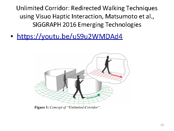 Unlimited Corridor: Redirected Walking Techniques using Visuo Haptic Interaction, Matsumoto et al. , SIGGRAPH Unlimited Corridor: Redirected Walking Techniques using Visuo Haptic Interaction, Matsumoto et al. , SIGGRAPH