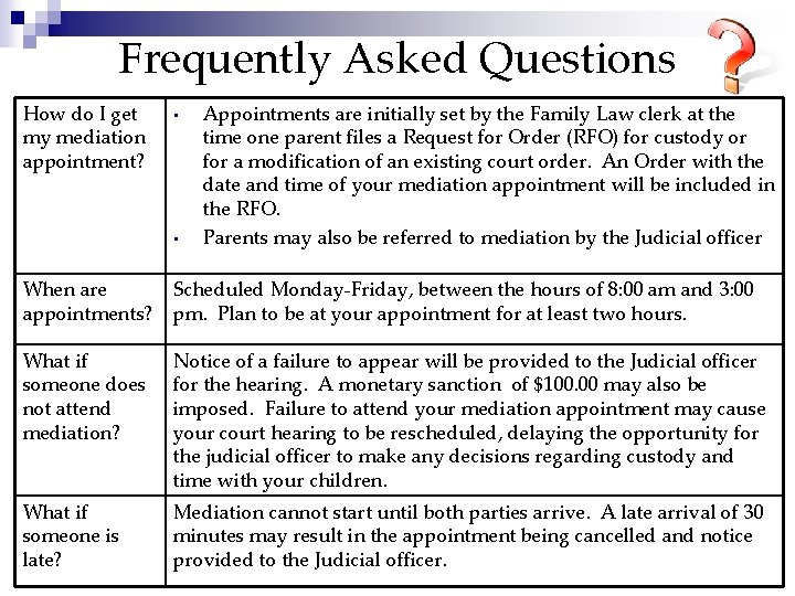 Frequently Asked Questions How do I get my mediation appointment? • • Appointments are