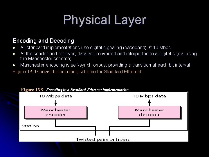 Physical Layer Encoding and Decoding All standard implementations use digital signaling (baseband) at 10