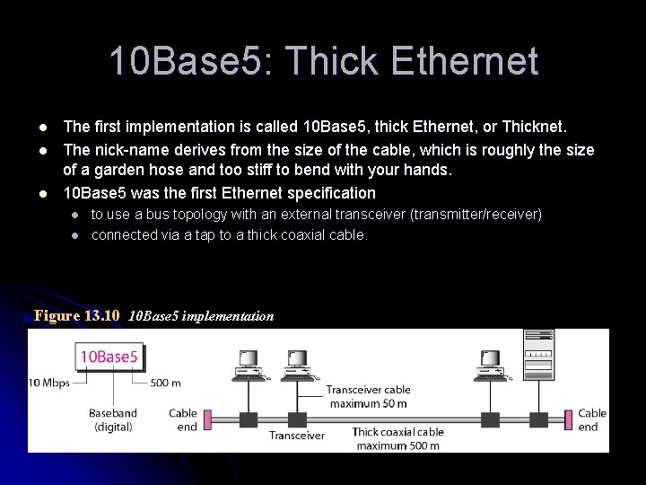 10 Base 5: Thick Ethernet l l l The first implementation is called 10